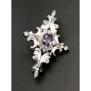 Vintage JC 925 Sterling Silver Amethyst Brooch Pin 1.25" Wide Purple